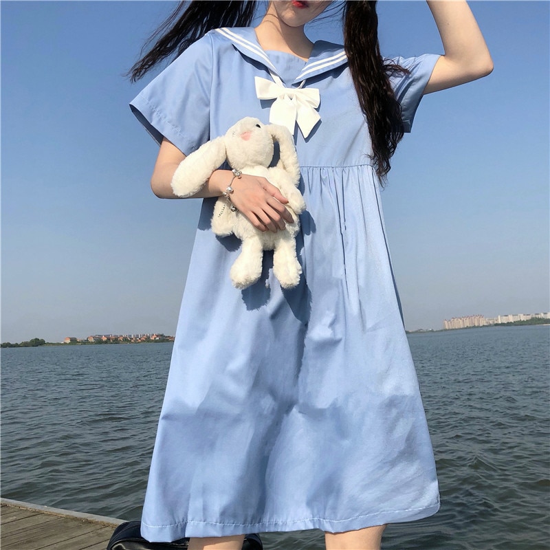 Rok vrouwelijke zomer koreaanse effen dunne lange jurk schooluniform japanse matrozenjurk schooljurk