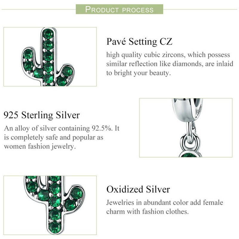 Jiayiqi 100% 925 Sterling Silver Vitality Cactus Glittering Green Charm Fit Women CZ Bracelet & Pendants DIY Jewelry