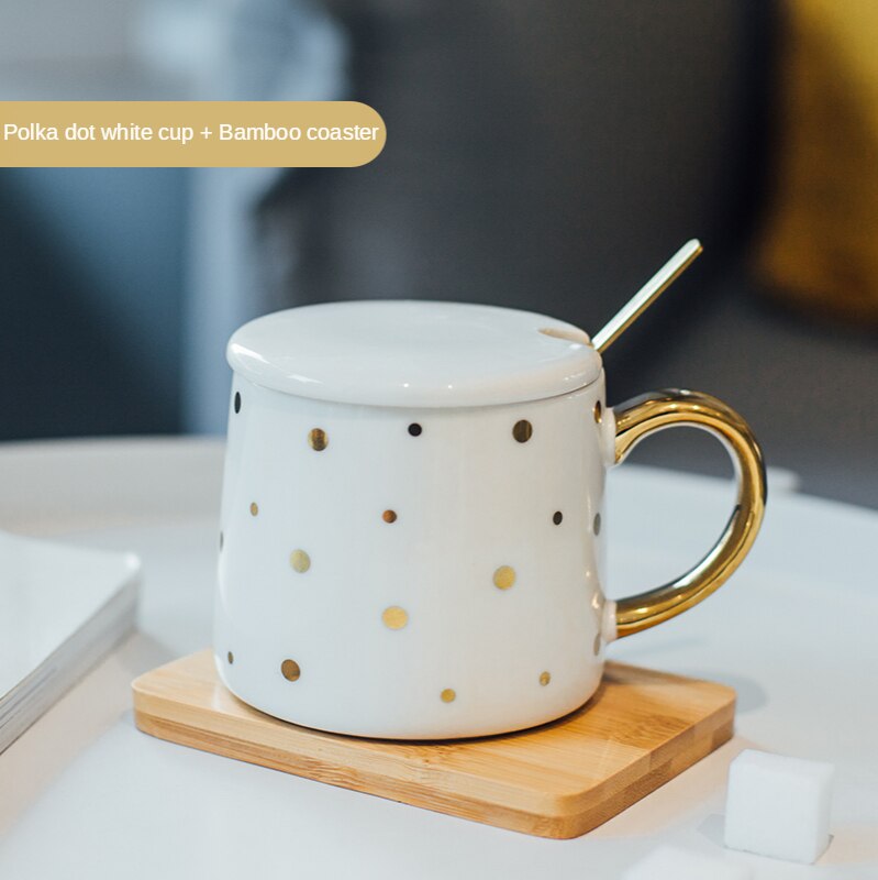 Taza de café de lujo con estampado de lunares a cuadros, geométrica, de cerámica, para desayuno, taza de leche y agua, creativos para parejas: white dot
