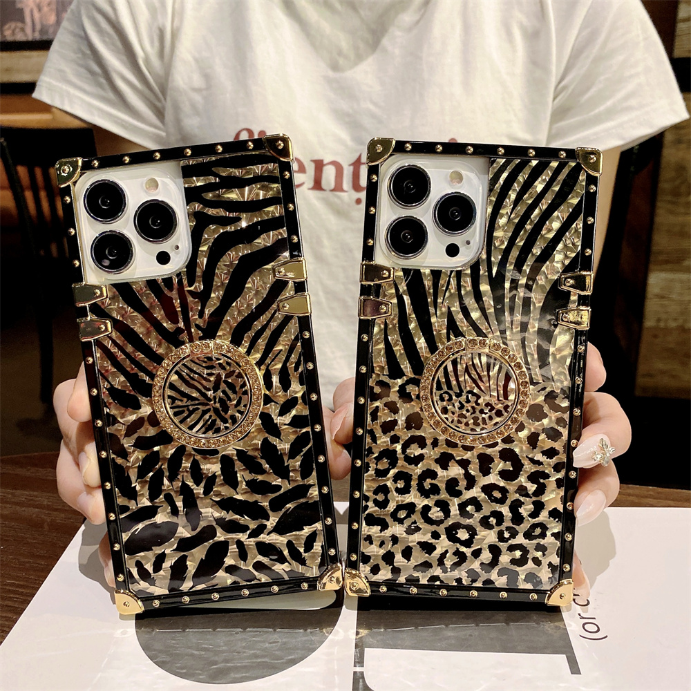 Funda chapada en oro de leopardo de lujo para iPhone 16 15 Pro Max 14 13 12 11 XR X 8 7 Plus cubierta con soporte de anillo de diamante brillante Funda 16