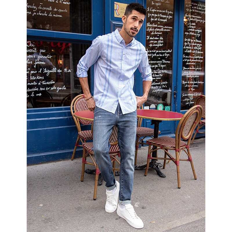 KUEGOU-camisas de algodón 100% para hombre, ropa a rayas de , Top de manga larga de , talla grande, BC-20514