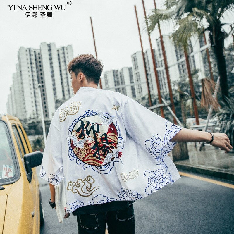Estilo chino dibujo de calavera Cardigan playa Kimono Harajuku mujeres hombres Streetwear tradicional túnica japonesa playa corta blusa Top