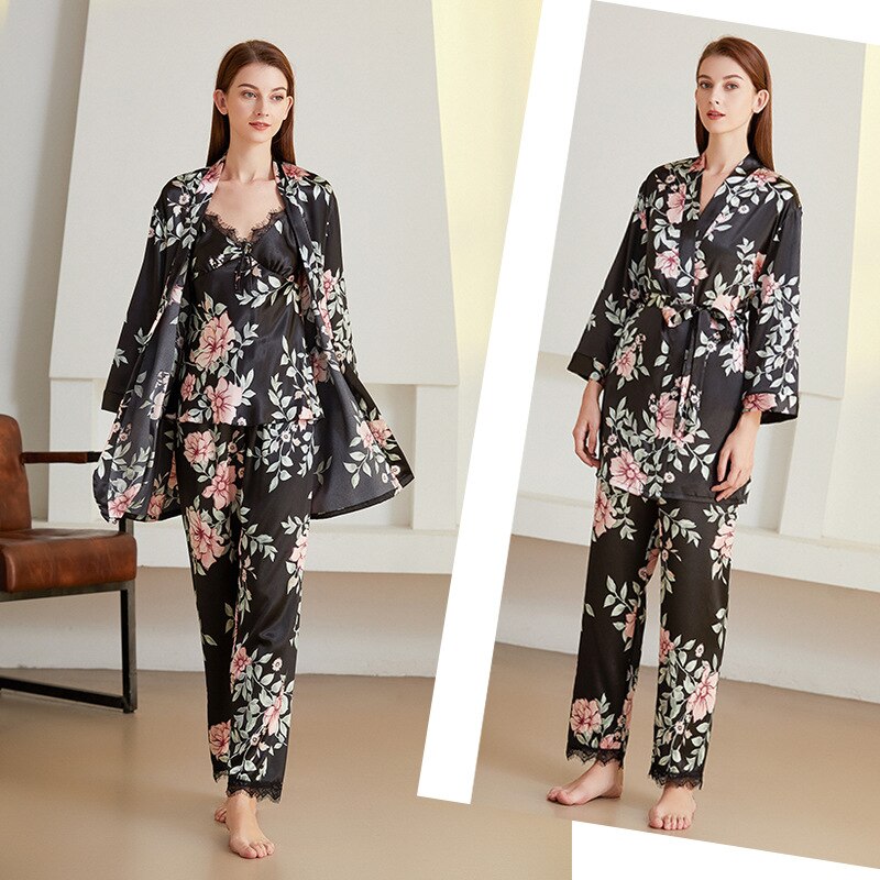 Ensemble trois pièces en Satin pour femmes, vêtements de maison, manches longues, pantalon, quatre saisons, imprimé Floral noir