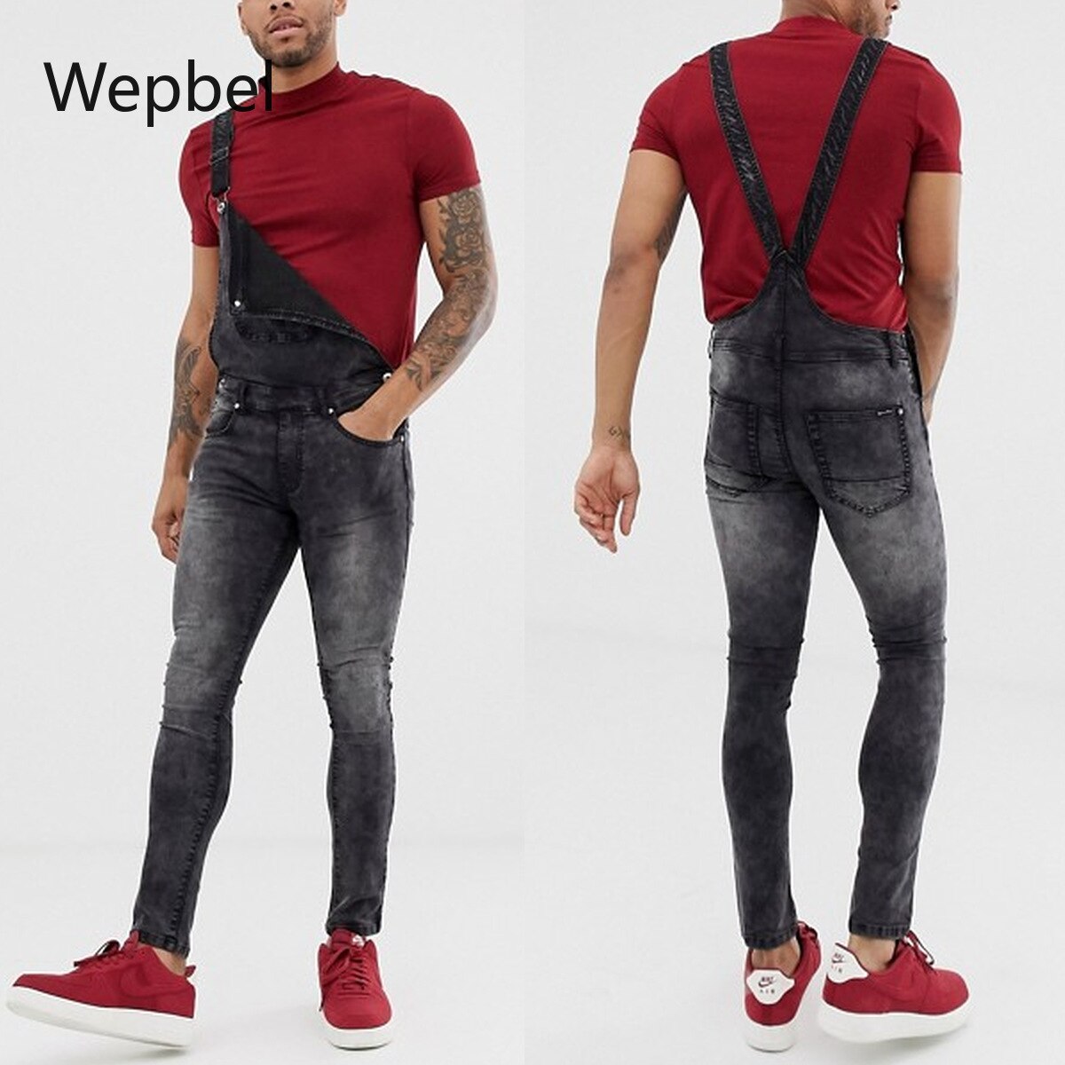 WEPBEL Men Jeans Pants Plus Size Solid Color Denim Overalls Grey Denim Jumpsuits Strap Rompers Ripped Jeans Trousers