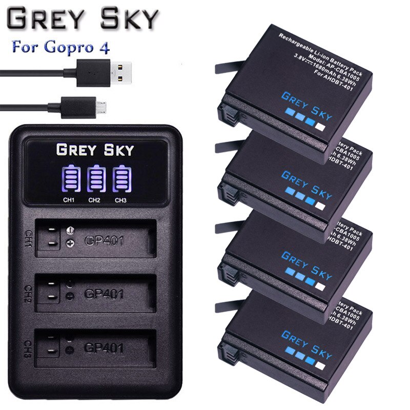 4 Uds. Batería AHDBT-401 de 1680mAh para Gopro Hero 4 batería AHDBT401 go pro 4 + cargador USB LED de 3 puertos para cámara GoPro Hero4 HERO4: Charger and 4battery