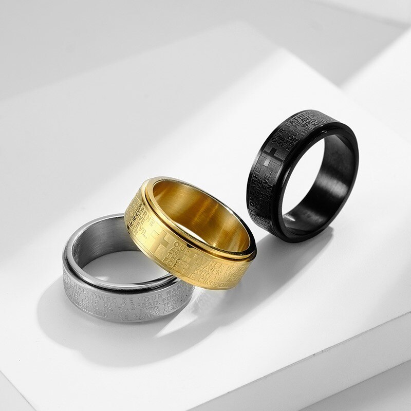 Bague de prière et de croix chrétienne pour hommes et femmes, en acier inoxydable, 8mm, tailles 6 à 12