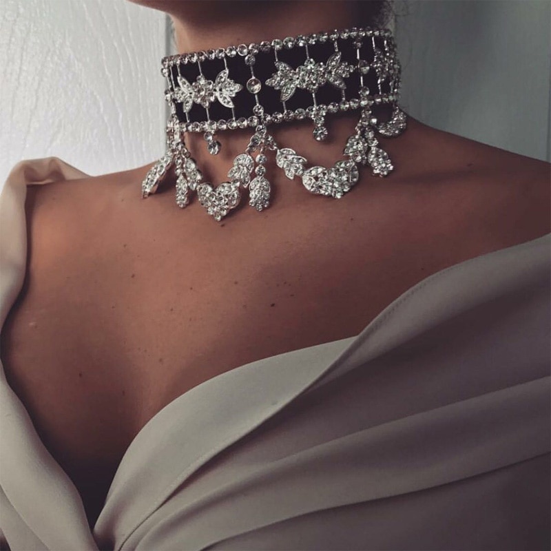 Lace Up Luxury Statement Necklace Big Rhinestone Choker maxi crystal necklace Ribbon Collier Femme Jewelry Collares