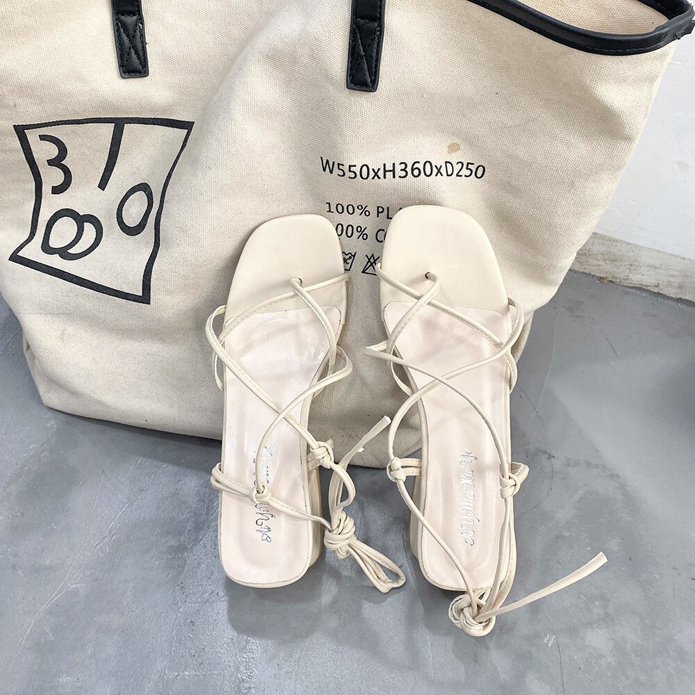 Sandalen Vrouwen Vierkante Teen Dubbele Band Sandalen Femme Clip Teen Dikker Med Hoge Hakken Gladiator Sandalias Mujer Cross-Tie sandalen: WHITE / 35