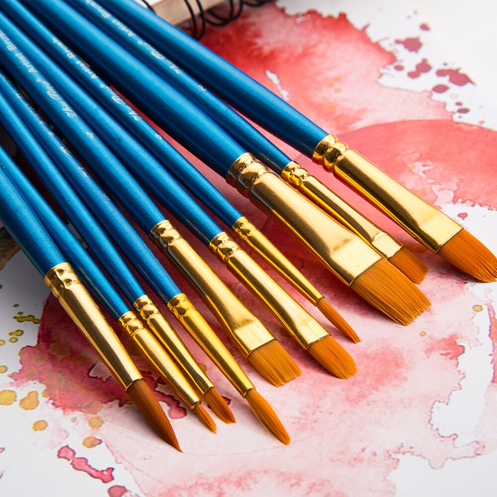 10Pcs/Set Nylon Watercolor Paint Brush Different Shape Acrylic Wooden Handle Point Tip Art Painting Brushes Stationery Supplies