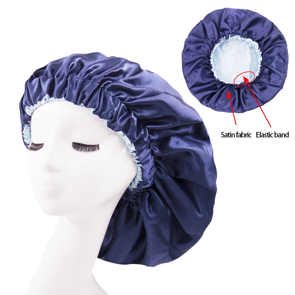 Effen Kleur Omkeerbaar Zijdeachtig Satijn Motorkap Dubbele Laag Slaap Night Cap Head Cover Motorkap Hoed Voor Voor Krullend Veerkrachtig Hair zwart: Marineblauw