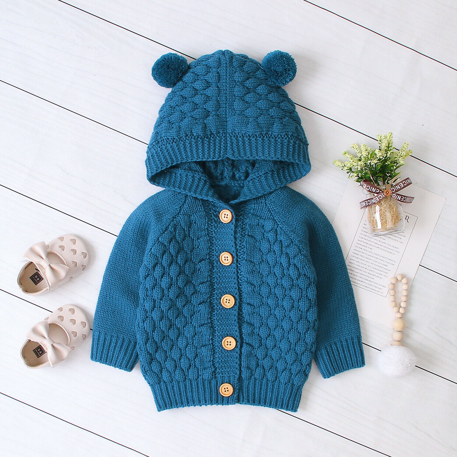 Peuter Baby Kids Jongen Meisjes Gebreide Jas Jas Oor Hooded Uitloper Winter Blouse Trui Gebreide Truien Vest Warme Kleren: Blauw / 6m