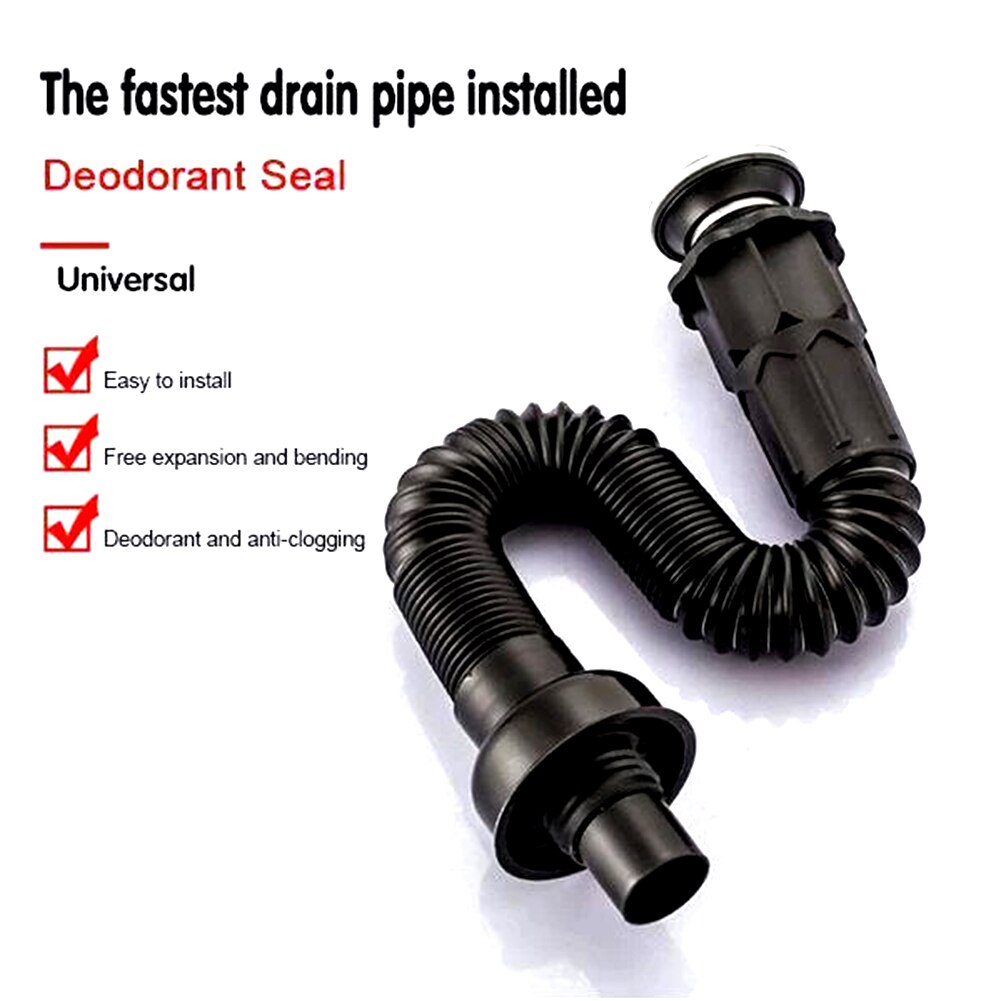 Expandable Black Flexible Stainless Steel Plumbing Fixtures Hotel Drain Hose Sewer Pipe Deodorant Wash Basin Sink Bathroom Home