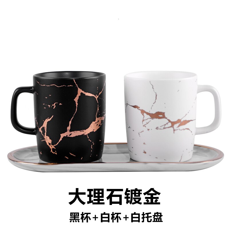 Tasses en céramique japonaise marbre plaqué or | Tasses à café blanc et noir, tasse de petit déjeuner: cup  white tray
