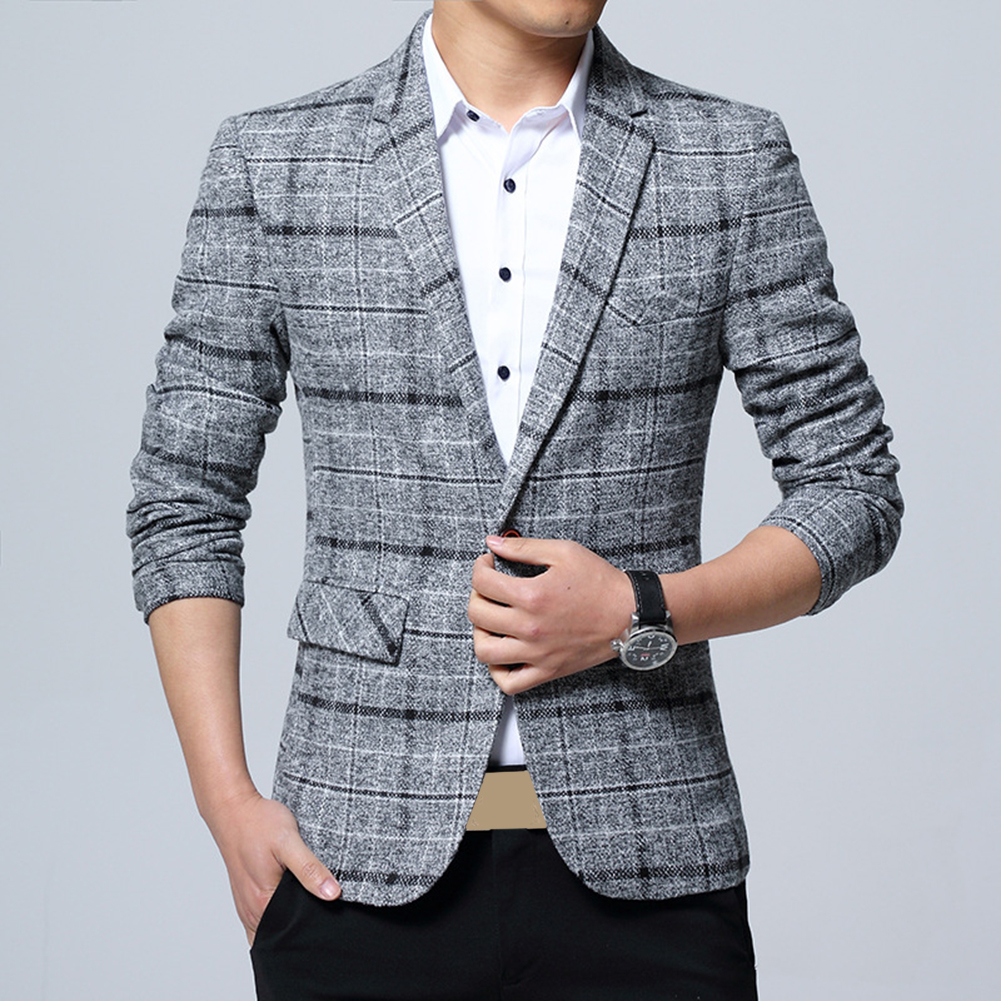 Men Plaid Lapel Slim Blazer Jacket Coat One Button Office Business Suit