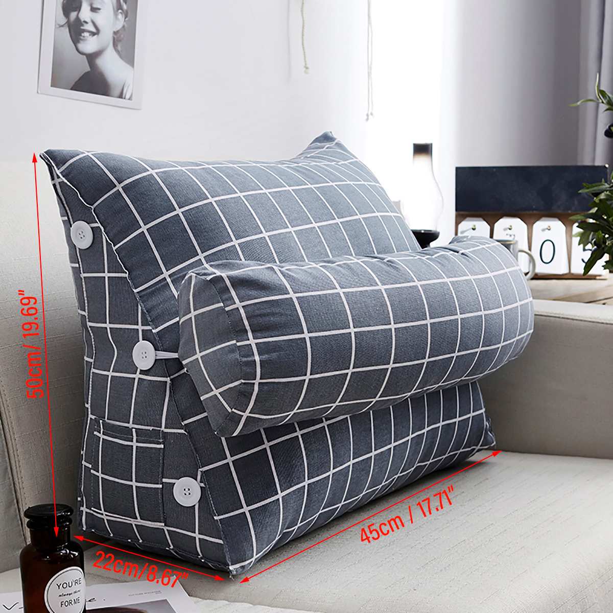 45x50x22cm / 60x50x22cm Grey Triangular Wedge Lumbar Pillow Support Cushion Backrest Bolster Soft Headboard