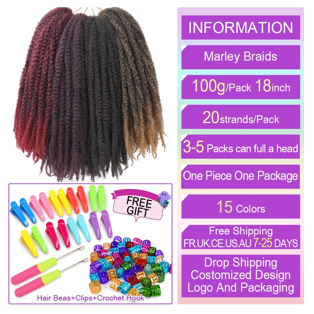 18 Inch Marley Braids Twist Crochet Braiding Hair Burgundy Synthetic Afro Kinky Curly Marley Braids Hair Extensions