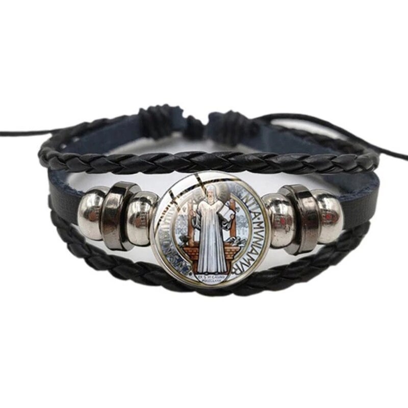 Katholieke Benedictus Exorcism Lederen Armband Nursia Benedictus Christian Patroon Glas Gesp Armband