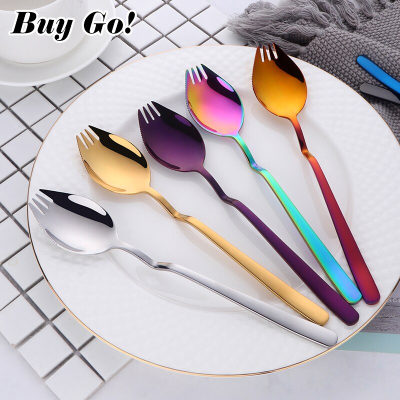 1PCS 3 IN 1 Kitchen Dinner Fork With Special V Stainless Steel Sporks Dessert Fork Spoon Noodles Salad Fruit Utensils