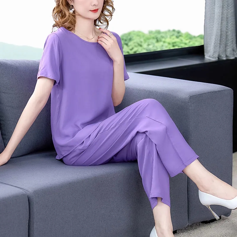 Women Pants 2-Piece Set Female Summer Set Middle aged Female Loose Tops+ Wide leg Pants Two-Piece Suit Short Sleeve Suit 4XL: 4XL / black