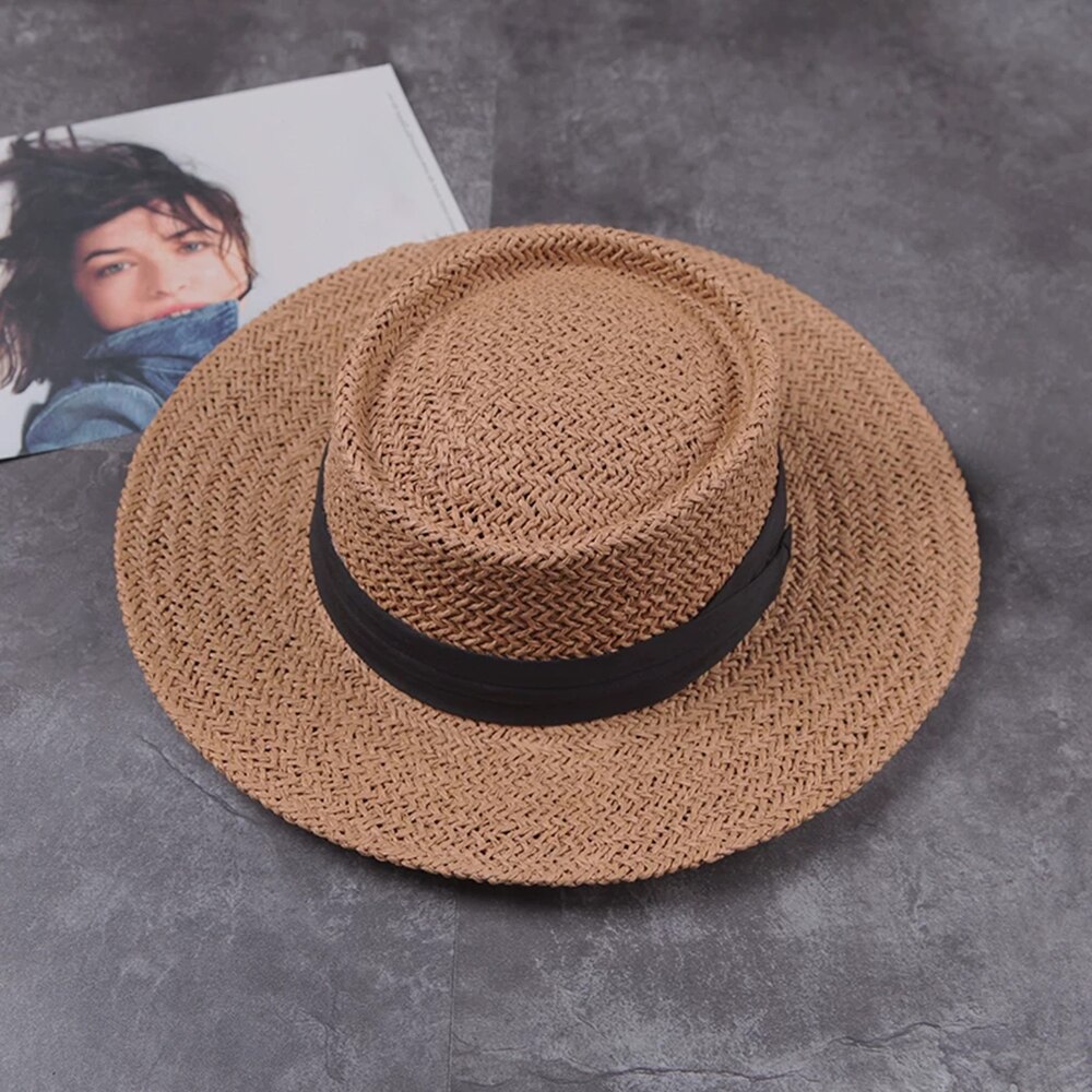 Kvinner sommer Strand solhatt merke flat topp stråhatt jente bånd strandhatt bein feminino gorra: 2