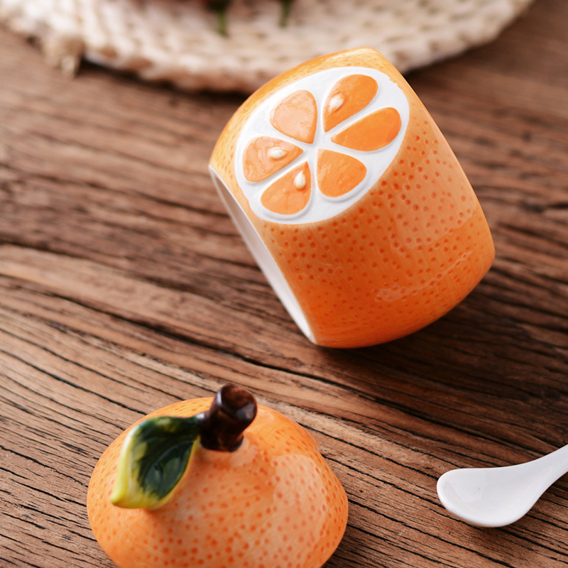 Botella creativa de cerámica para condimentos, recipiente de almacenamiento con forma de melón y fruta, suministros de Decoración de cocina, Bol de azúcar con tapa y cuchara