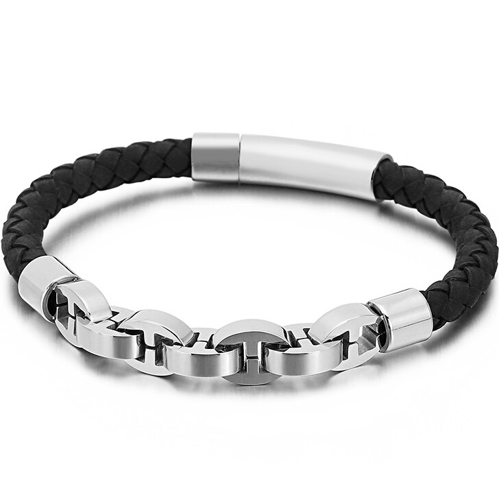 6MM Wide Braided Woven Leather Bracelet Men Stainless Steel Mens Jewellery Male Bracelets Rope Chain Birthday For Boyfriend: Silver Color