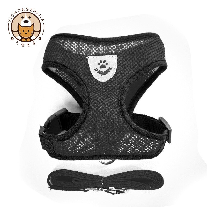 Szelki dla psa i kota regulowany gorset smycz na spacery dla szczeniąt obroża dla psa siatka poliestrowa szelki dla średniej wielkości placki kot zwierzęta: czarny / L