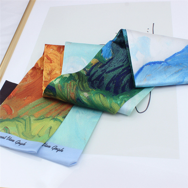 Van Gogh《Starry Night》Oil Painting Twill Silk Scarf Women Neckerchief Skinny Bag Scarf Female Headband Scarves Wraps For Ladies