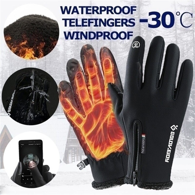 Winter Waterproof Men's Gloves Touch Screen Anti-Slip Zipper Cold-proof Gloves Women Riding Skiing Warm Thicken Fluff Gloves