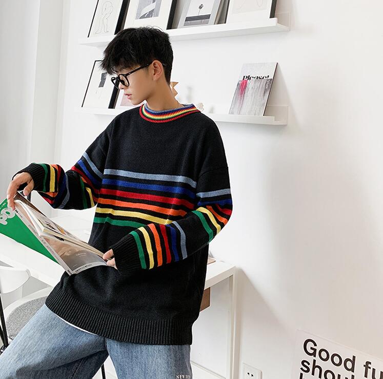 Rainbow striped sweater Korean autumn and winter loose knit men's sweaters