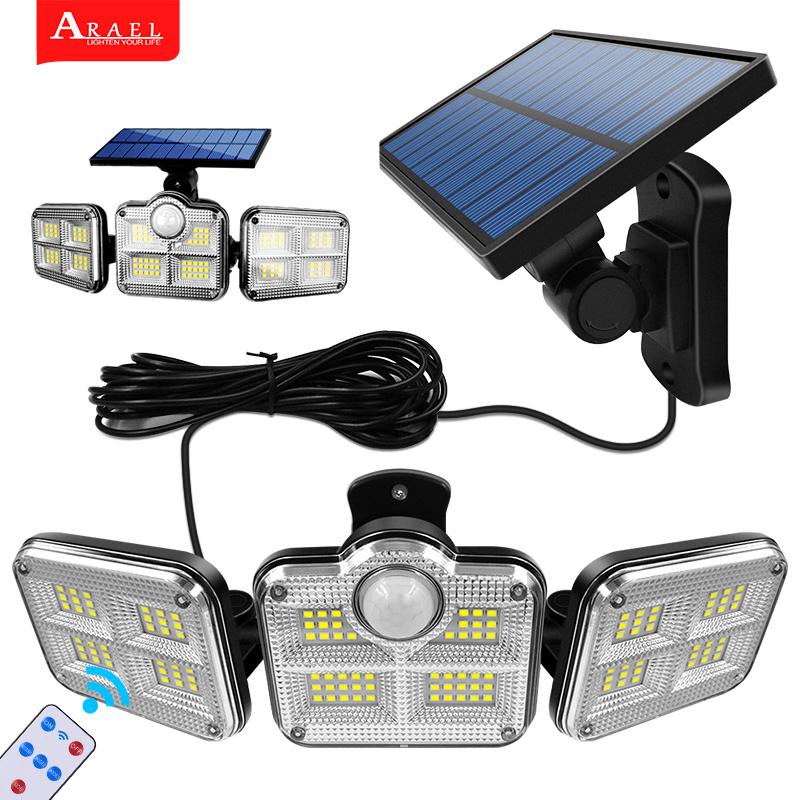 Solar Led Light Outdoor Lighting 3 Head Motion Sensor Wide Angle Illumination Super Bright Waterproof Remote Control Wall Lamp