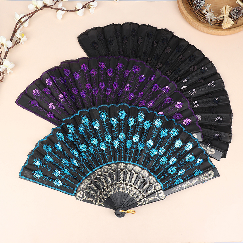 Silk Fan Folding Fan Wedding Art Peacock Sequin Dancing Fan Hand Held Fan