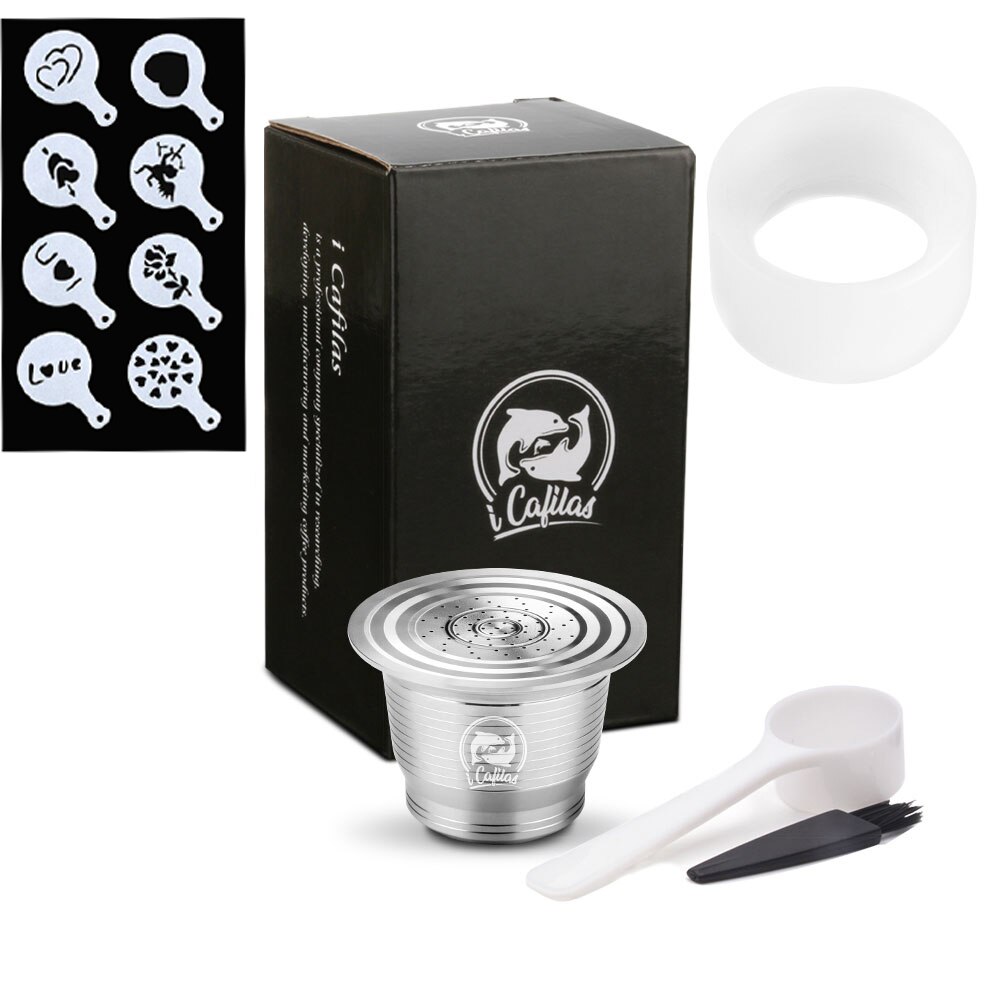 Rostfritt stål för nespresso kaffefilter återanvändbar kapsel metall sabotage kaffesked med klämma 8 st latte typ kaffe verktyg: Mörk khaki