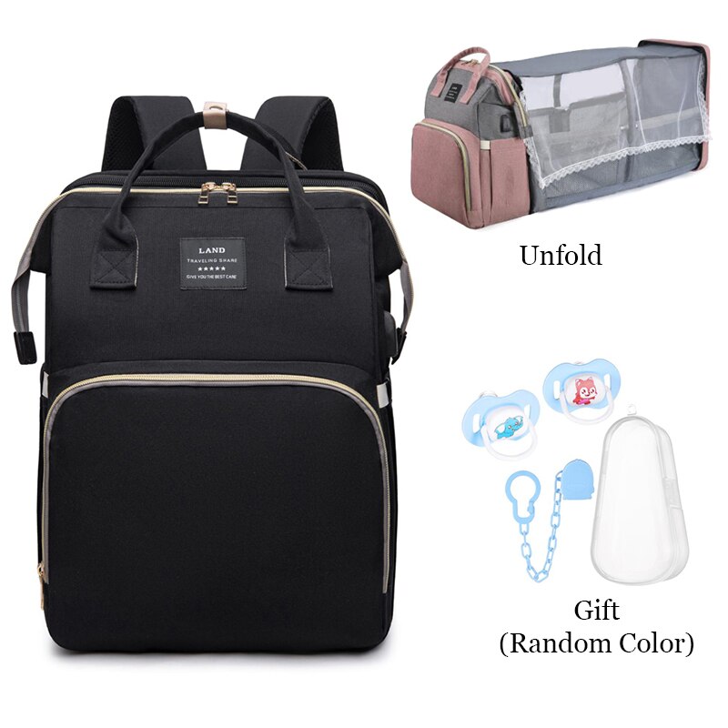 Folding Mommy Bag Lightweight Portable Folding Crib Bed Large-capacity Baby Backpack Female Mommy Outting Bag Bolsa Feminina DDJ: Upgrade-Black 1AFNZ