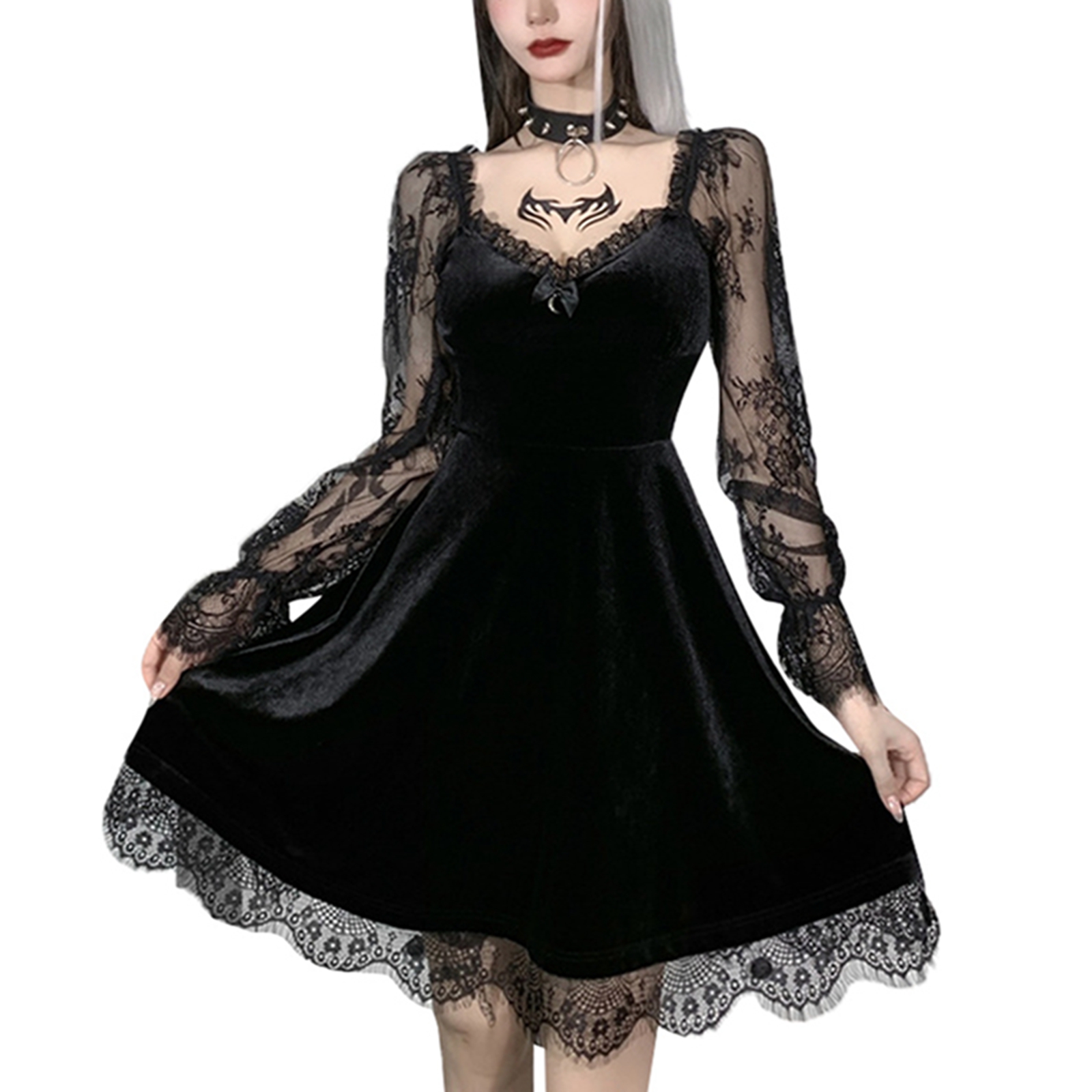 E-girl – Mini robe gothique noire Grunge, garniture en dentelle, taille haute, moulante, Y2K, Vintage des années 90, Punk, Harajuku, vêtements Lolita: L / Black