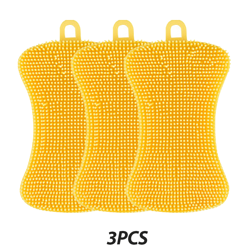3Pcs Silicone Dish Washing Brush Pot Pan Sponge Kitchen Cleaning Brush Silicone Scouring Pad Vegetable Fruit Pot Pan Wash Brush: Yellow