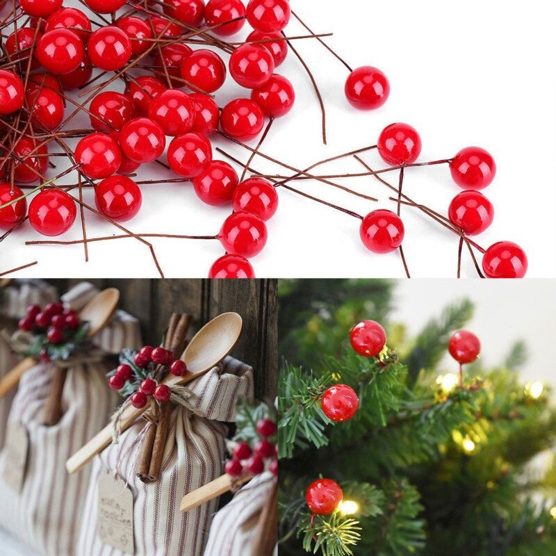 100pcs Mini Christmas Simulation Red Berries Xmas Tree Decoration Pendant Artificial Fruit Cherry Year