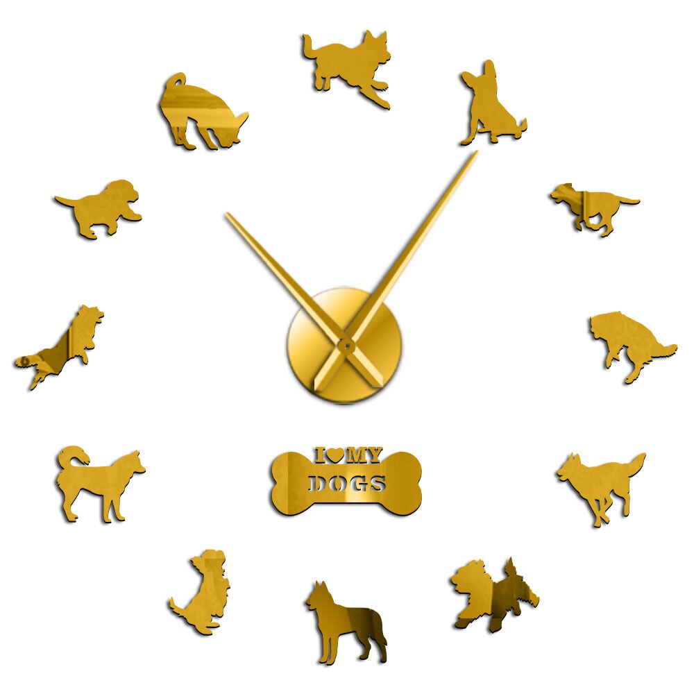 3D Yorkshire Terrier Labrador Siberian Husky Chihuahua Border Colie German Shepherd Mixed Dog Breeds DIY Giant Wall Clock Watch: Gold / 37 Inch