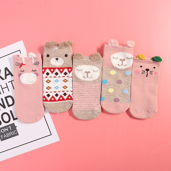 5Pairs Arrivl Women Cotton Socks Pink Cute Cat Ankle Short Casual Animal Ear Red Heart Gril Dot Stipe Print Soft Socks 35-40