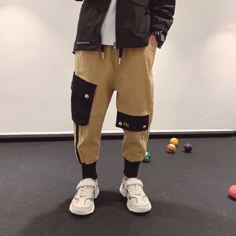 Hip Hop Boy Clothes Harem Pants Side Patchwork Khaki Trousers Kids Cargo Jogger Pants Children's Clothing Elastic Ankle Bottoms