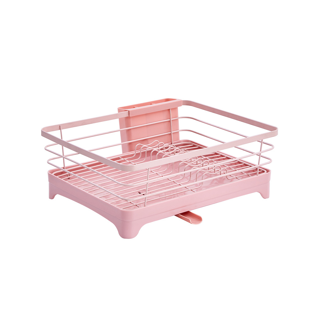 Diskställ kökshylla med avrinningsbricka platsbesparande avtagbar bestickhållare organisatör förvaringsställ rosa: Default Title