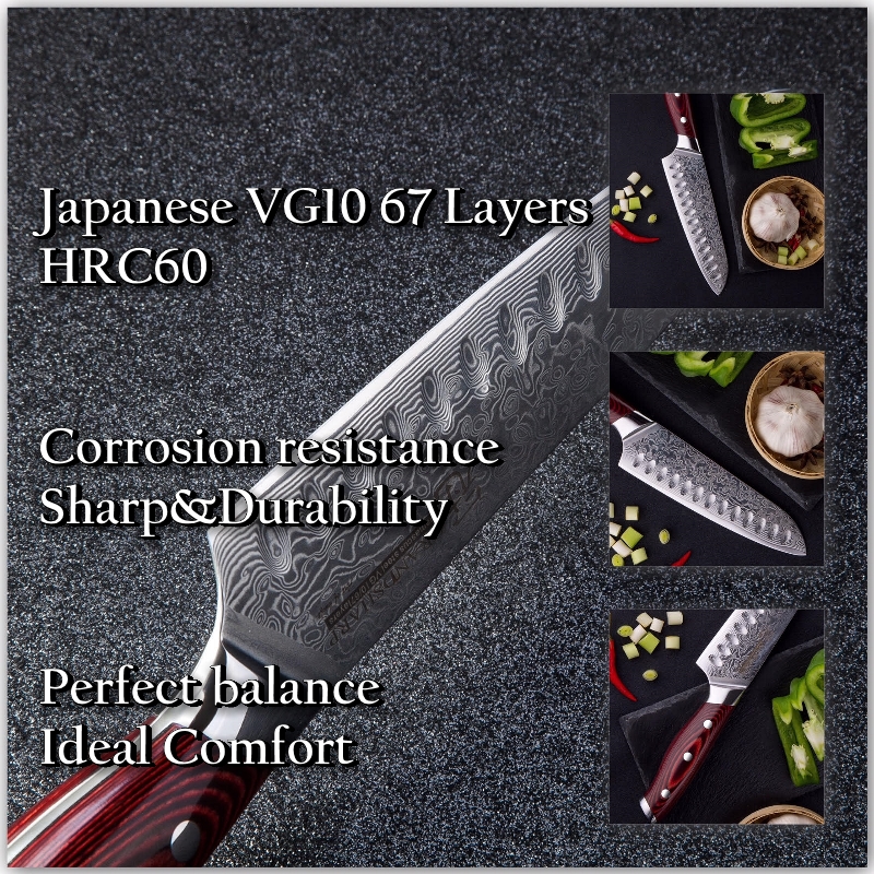 3 Stuk Koksmes Set Japanse Keukenmessen Santoku Utility Koken Butcher Gereedschap 67 Lagen Damascus Staal Rood Hout handvat