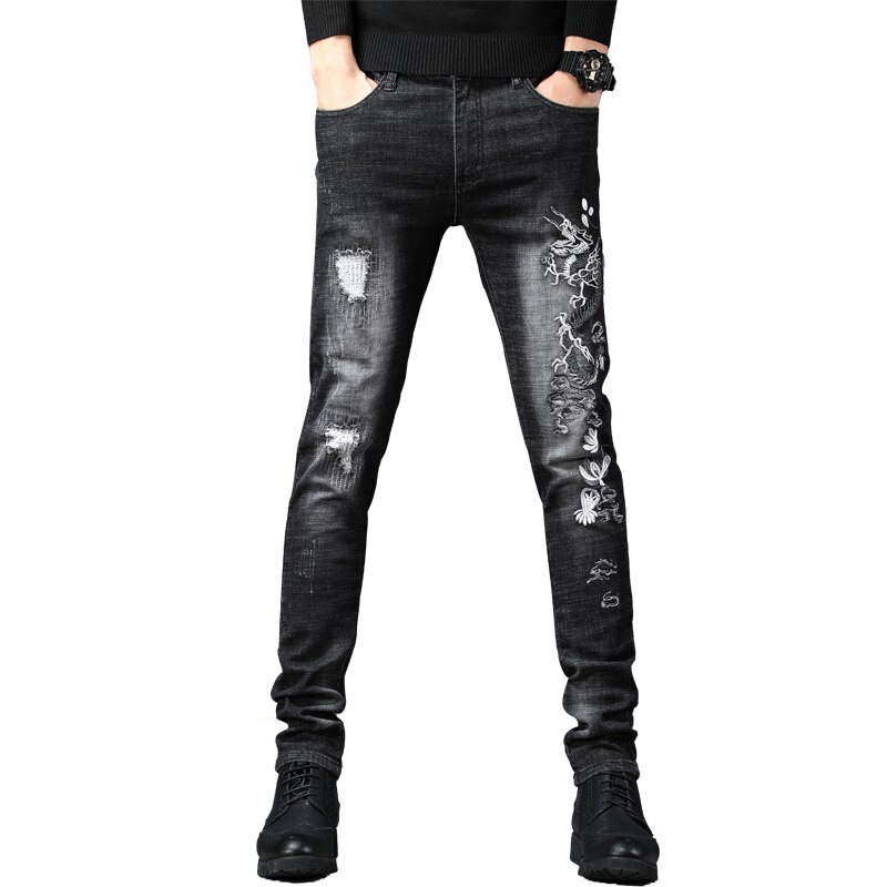 Mens Slim Fit Denim Jeans Dragon Embroidery Skinny Straight Elastic Jeans Trouser Washed Slim Biker Denim Pants: 30