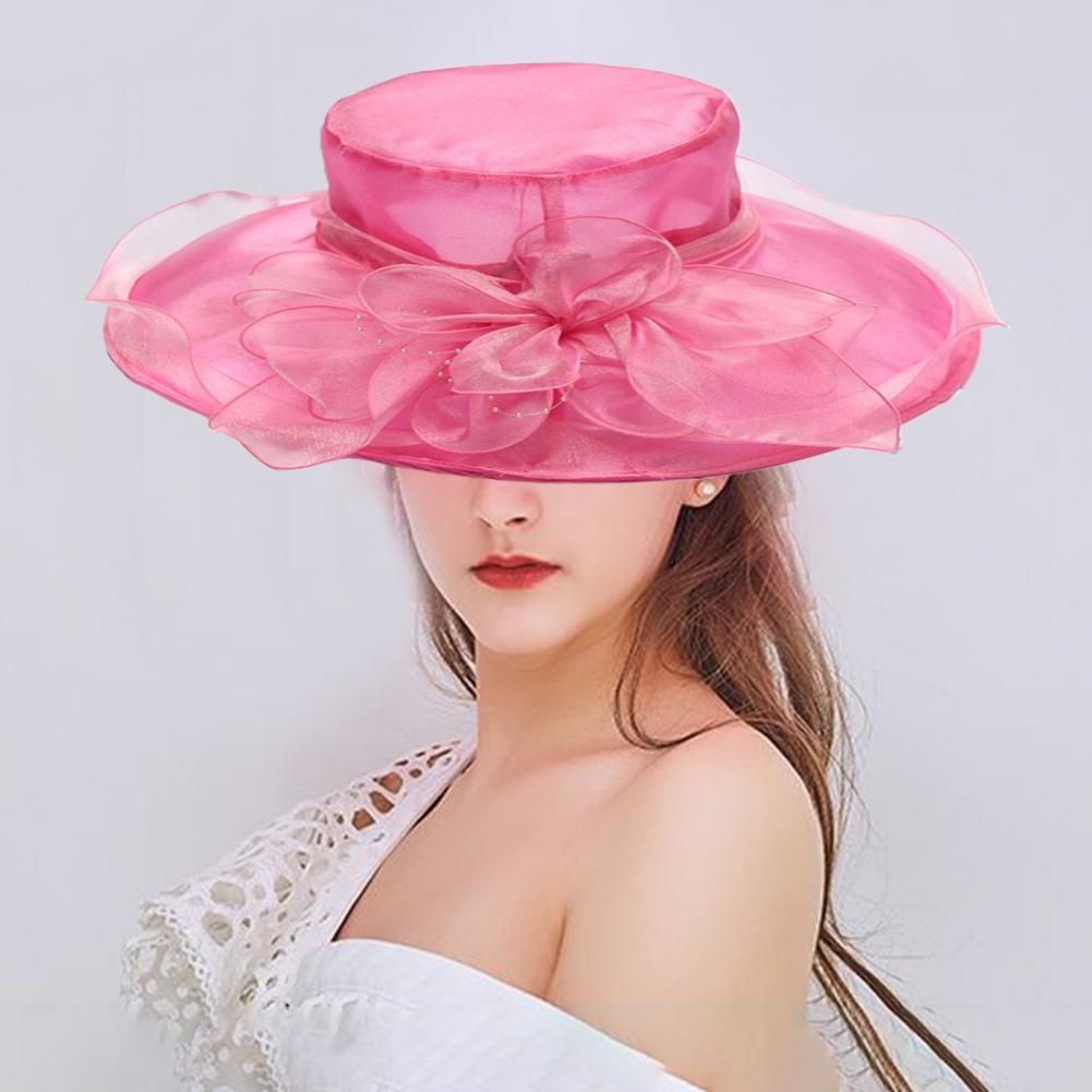 Sombreros elegantes de iglesia para mujer, gorros de fieltro de hilo de red Floral grande para mujer, sombreros de Sol de ala ancha de verano, gorros de fedora vintage