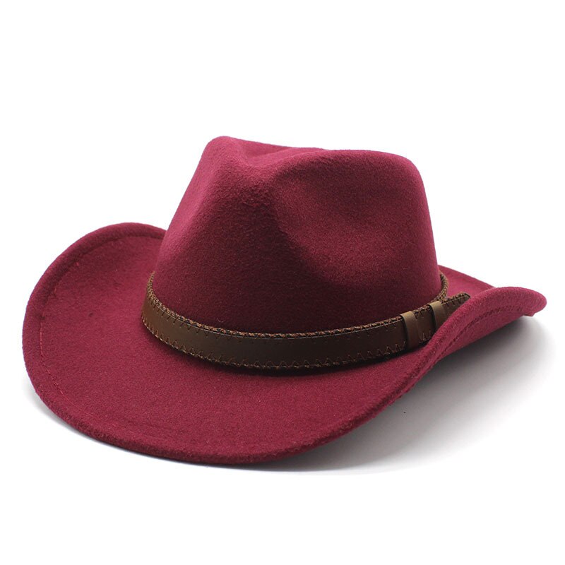 Women's Men's Winter Wool Western Cowboy Hat With Belt Cowgirl Jazz Toca Sombrero Cap Godfather Cap: Red wine