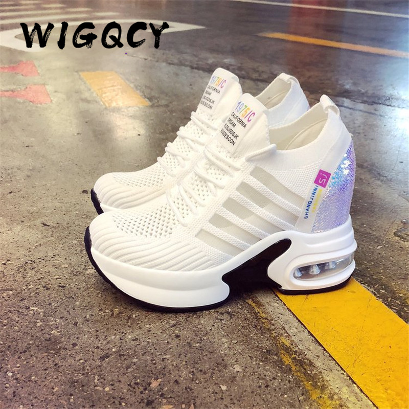 Strikket elastisk mesh bling sneakers kvinder forår efterår sko kvinder farverige pailletter med snøre platform sneakers