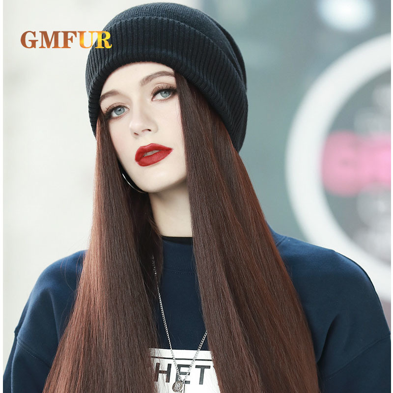 Sombrero con pelucas de pelo para mujer, pelo largo y liso, sintético, cálido y suave, gorro de punto, todo en uno, con sombrero