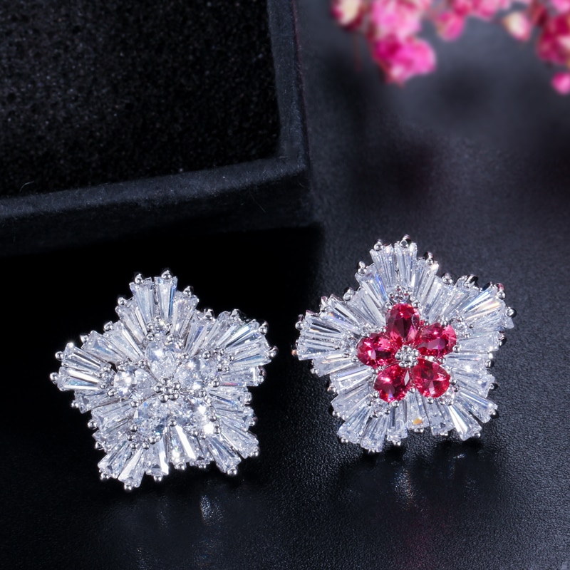 Cwwzircons Dames Mode-sieraden Aaa Zirconia Sneeuw Bloem Hanger Ketting Earring Sets Voor Vrouwen T208