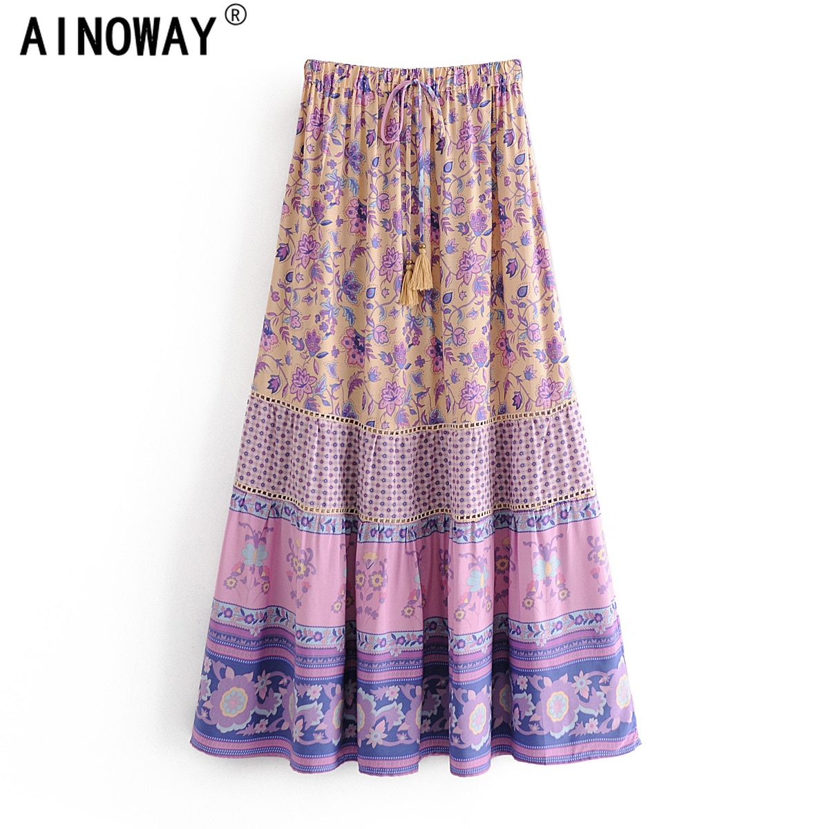 Vintage chic hippie kvinder strand boheme lilla nederdel med blomsterprint høj elastisk talje a-line boho maxi nederdel femme