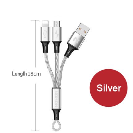 Nohon 2 In 1 Usb Kabel Micro 8Pin Usb Snel Opladen Kabels Voor Iphone 8X7 6 6S plus Ipad Ipod Samsung Nokia Nylon Draad: 2-in-1 18cm Silver